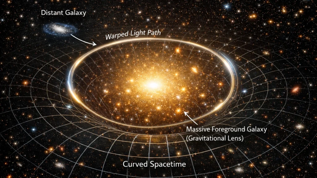 Prikaz osnovnog principa gravitacijskog lećenja i savijanja svjetlosti