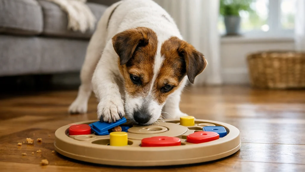 Jack Russell terijer koristi interaktivnu igračku za mentalnu stimulaciju