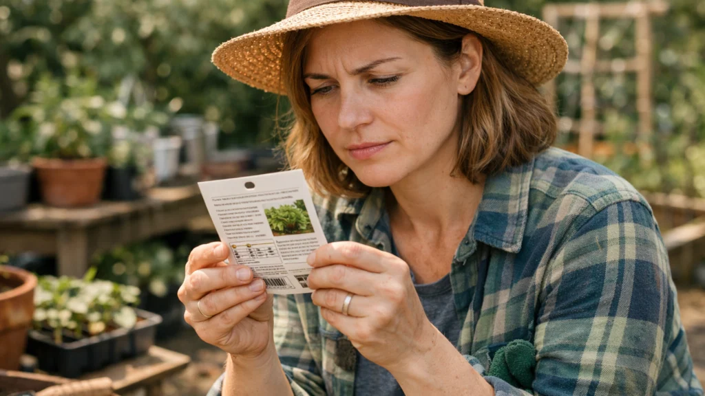 Početnik u vrtlarstvu čita deklaraciju na pakiranju sjemena