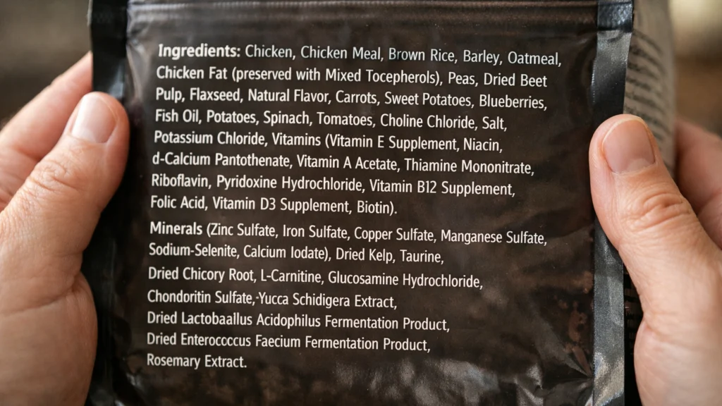 Detaljan prikaz deklaracije na hrani za pse s popisom sastojaka