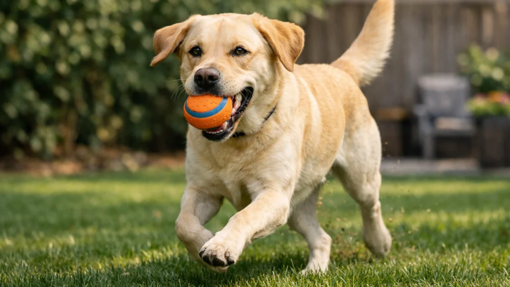 Labrador se igra donošenja s gumenom lopticom kao primjer dobre igračke