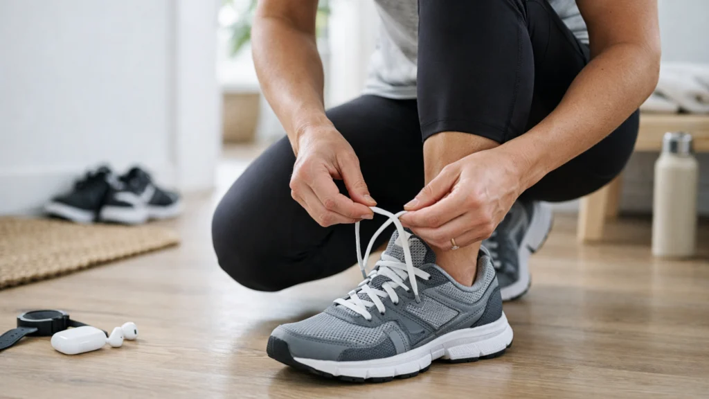 Mali prvi korak prema akciji – osoba obuva tenisice kao početak motivacije