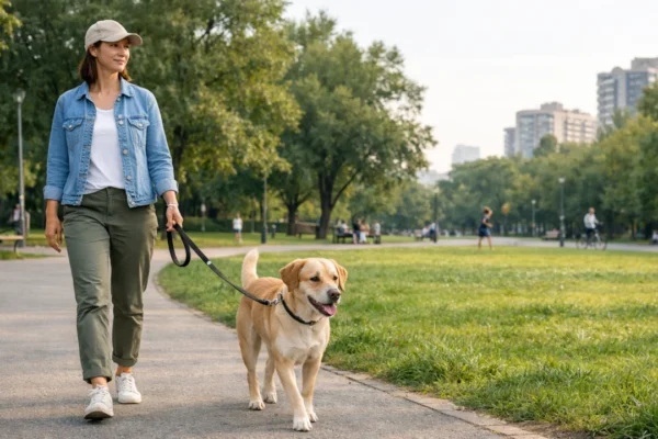 Pas mirno hoda uz vlasnika na povodcu bez povlačenja u parku