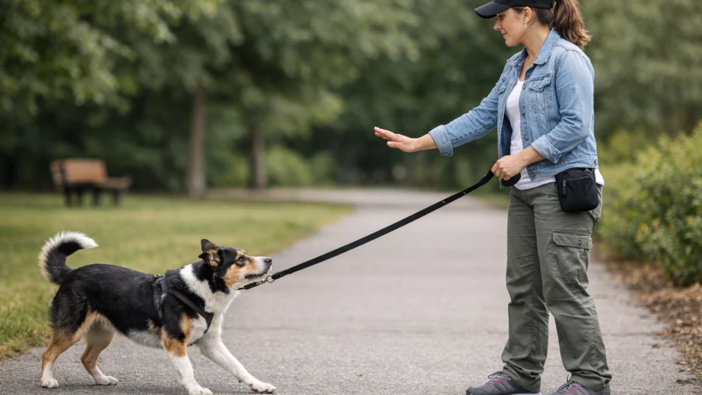 Vlasnik zaustavlja šetnju kada pas povuče povodac tijekom treninga