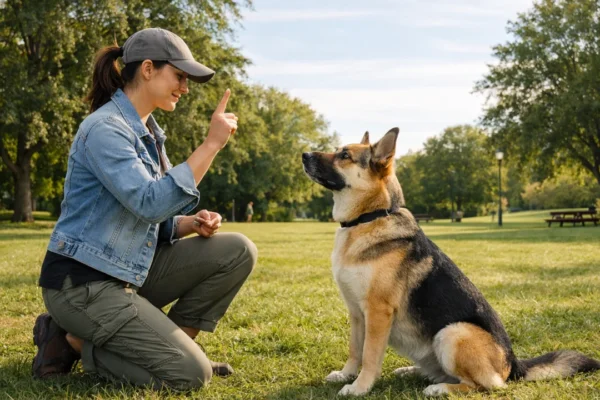 Vlasnik uči psa osnovnim naredbama na otvorenom, prikaz pozitivnog treninga i povezanosti