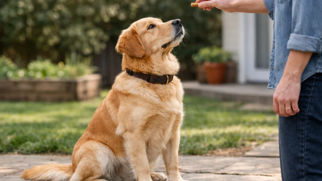 Primjer učenja naredbe sjedi kod psa uz pomoć poslastice