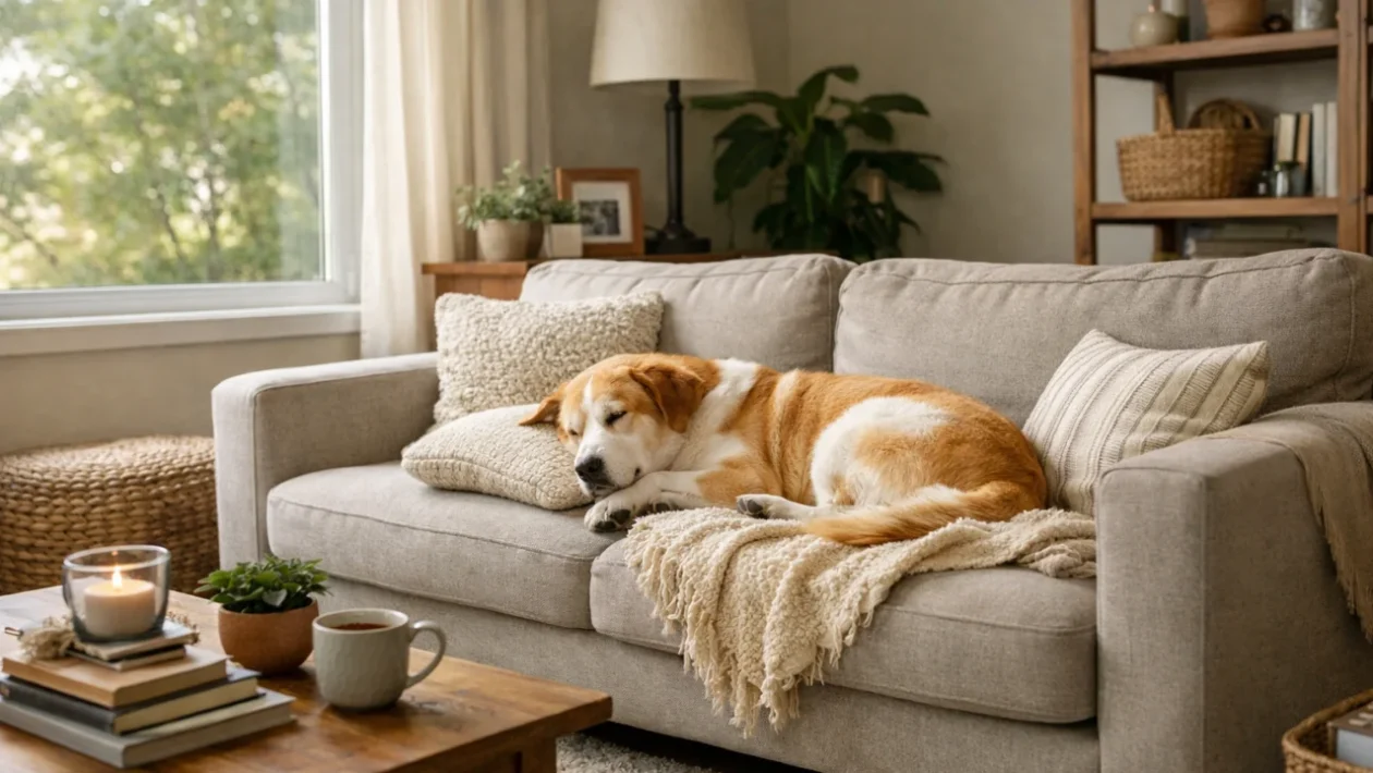 Pas mirno ostaje sam kod kuće u dnevnom boravku