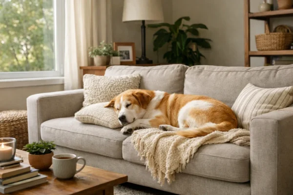 Pas mirno ostaje sam kod kuće u dnevnom boravku