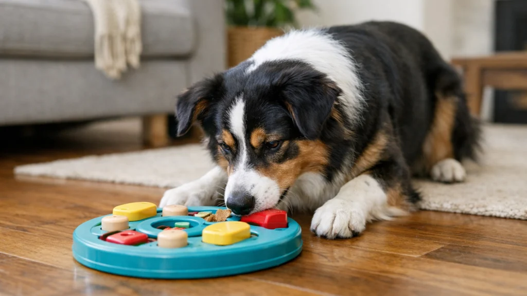 Pas se samostalno igra igračkom s hranom dok je vlasnik odsutan