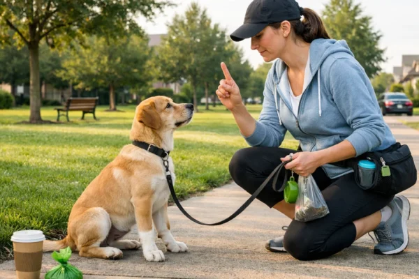 Vlasnik uči psa pravilnoj higijeni tijekom šetnje na otvorenom