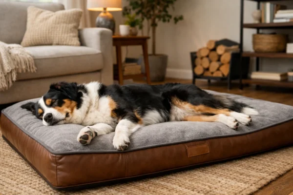 Pas odmara na udobnom i kvalitetnom krevetu u dnevnom boravku