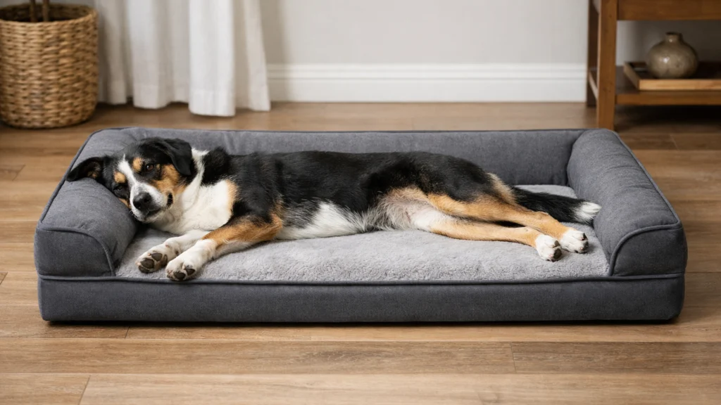 Pas leži ispružen na krevetu odgovarajuće veličine