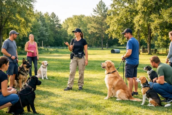Pseća škola na otvorenom s trenerom, psima i vlasnicima tijekom treninga