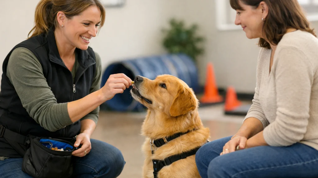 Trener pasa koristi pozitivnu motivaciju tijekom treninga u psećoj školi