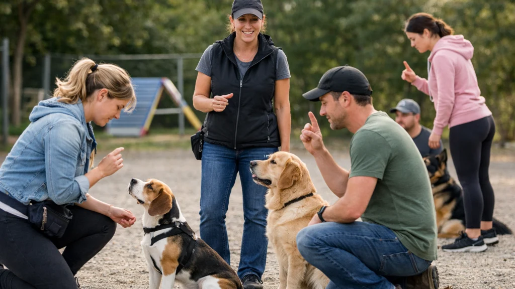 Grupni trening pasa gdje vlasnici aktivno sudjeluju u učenju osnovnih naredbi