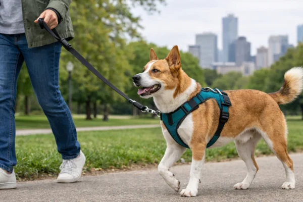 Pas u šetnji s pravilno odabranim povodcem i ormom u parku