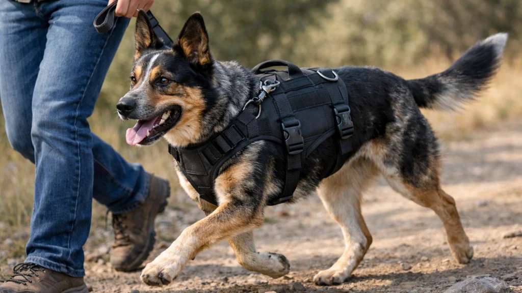 Aktivan pas s čvrstom ormom tijekom šetnje s vlasnikom