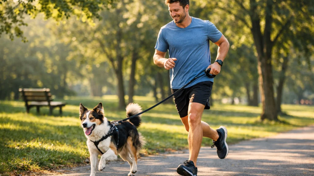 Aktivna osoba u šetnji s energičnim psom u parku