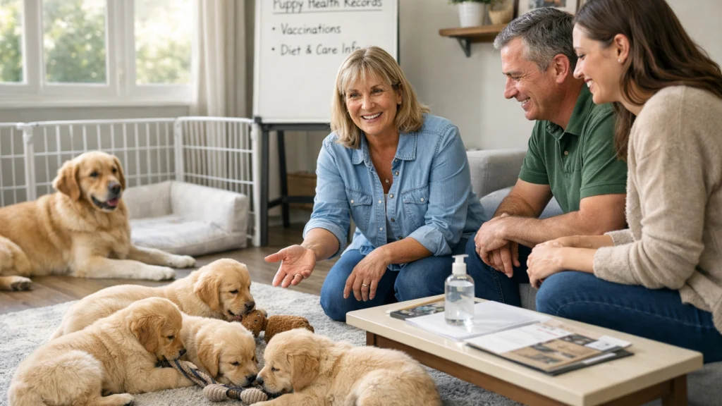 Odgovoran uzgajivač pokazuje majku i štence u kućnim uvjetima
