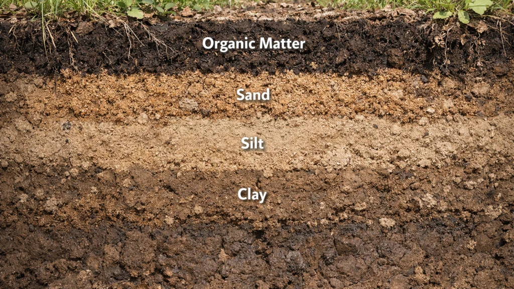 Sastav tla prikazan kroz slojeve pijeska, mulja, gline i organske tvari
