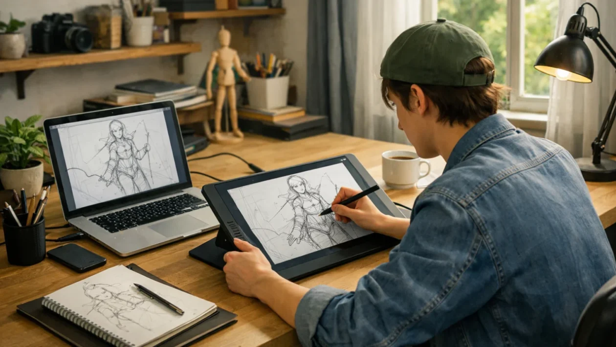 Početak digitalnog crtanja uz grafički tablet i laptop na radnom stolu