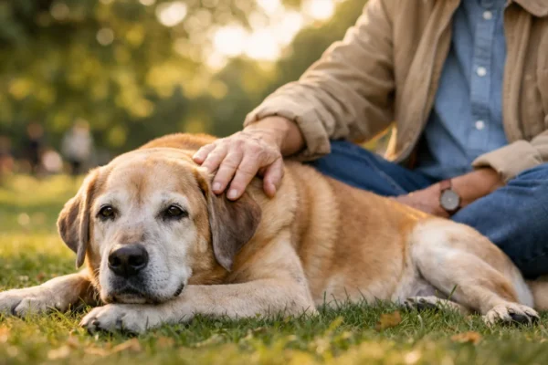 Stariji pas i vlasnik u parku – briga i pažnja u starijoj dobi psa