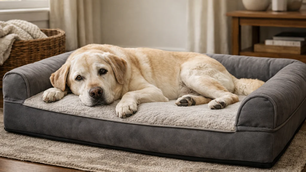 Stariji pas na ortopedском krevetu koji smanjuje pritisak na zglobove