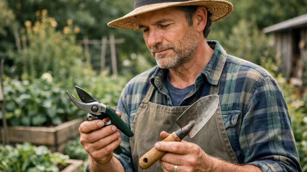 Vrtlar provjerava stanje vrtnih alata prije održavanja