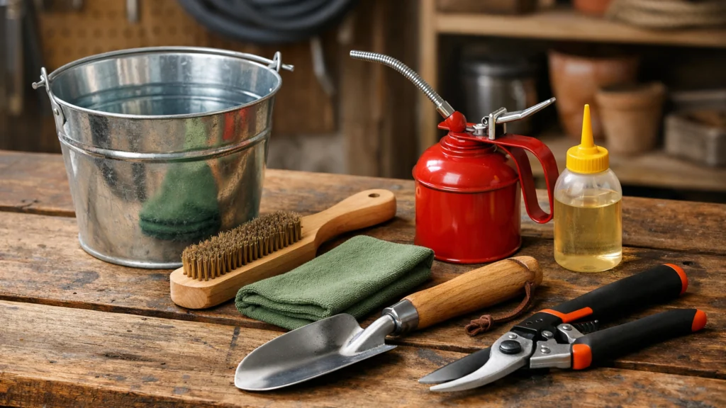 Osnovni pribor za održavanje vrtnih alata na radnoj površini