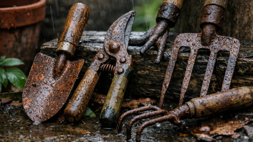 Vrtni alati ostavljeni na kiši kao primjer česte pogreške