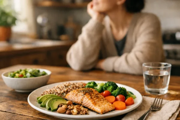 Zdrava prehrana i mentalno zdravlje prikazani kroz uravnotežen obrok i smirenu osobu