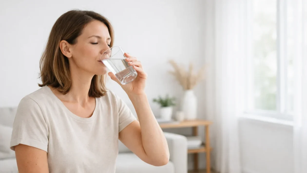 Osoba pije čašu vode u svijetlom prostoru kao simbol hidratacije i zdravlja