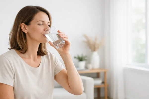 Osoba pije čašu vode u svijetlom prostoru kao simbol hidratacije i zdravlja