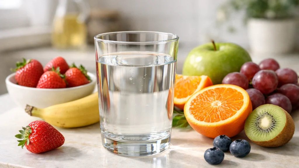 Čaša vode i voće simboliziraju važnost vode za pravilno funkcioniranje tijela