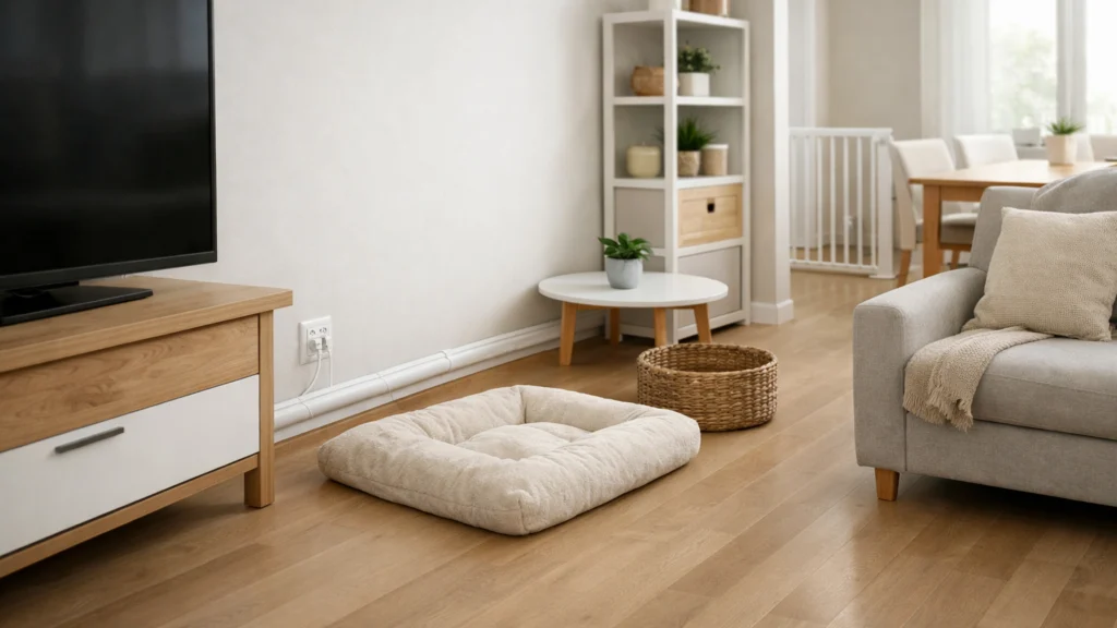 Siguran prostor u domu pripremljen za štene bez kablova i opasnih predmeta