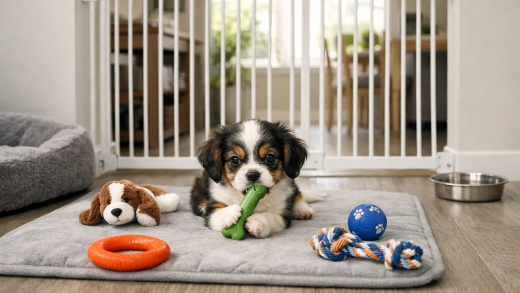 Štene u sigurnom prostoru s igračkama za žvakanje i zaštitnom ogradom