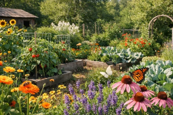 Prirodni vrt pun cvijeća, pčela i leptira koji prikazuje kako privući korisne kukce