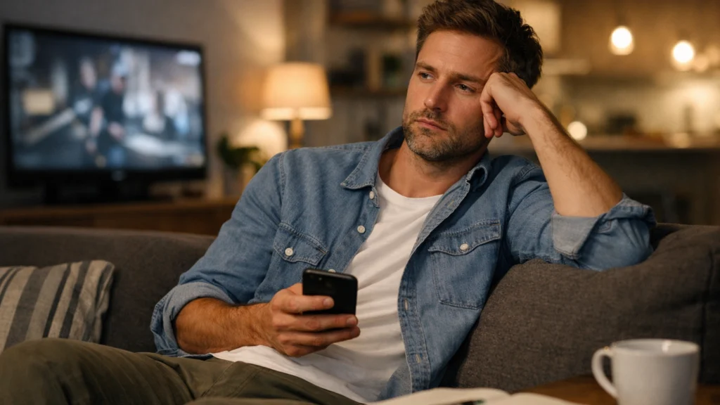 Osoba navečer razmišlja o nedostatku osobnih interesa u užurbanom životu