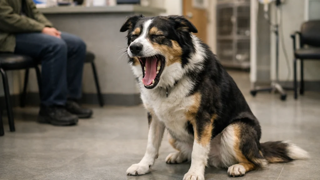 Pas koji zijeva u veterinarskoj ambulanti kao znak stresa