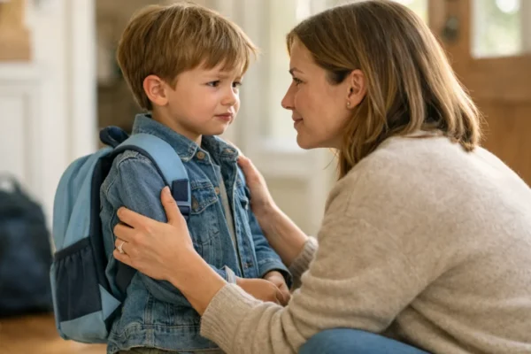 Roditelj tješi dijete koje pokazuje znakove separacijske anksioznosti u kućnom okruženju