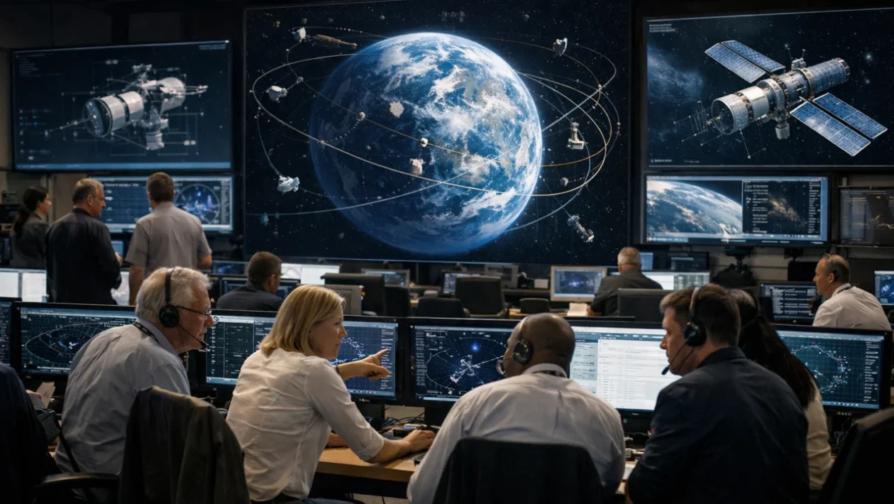 Planiranje svemirske misije u kontrolnoj sobi s inženjerima i znanstvenicima