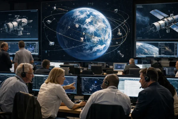 Planiranje svemirske misije u kontrolnoj sobi s inženjerima i znanstvenicima