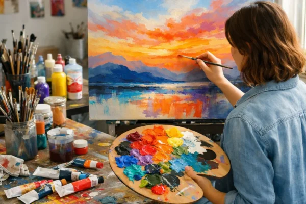 Početnik slika akrilnim bojama na platnu u svijetlom ateljeu