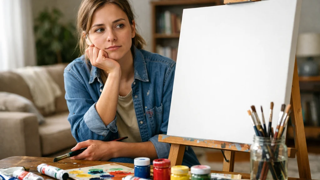 Početnik pred praznim platnom i akrilnim bojama