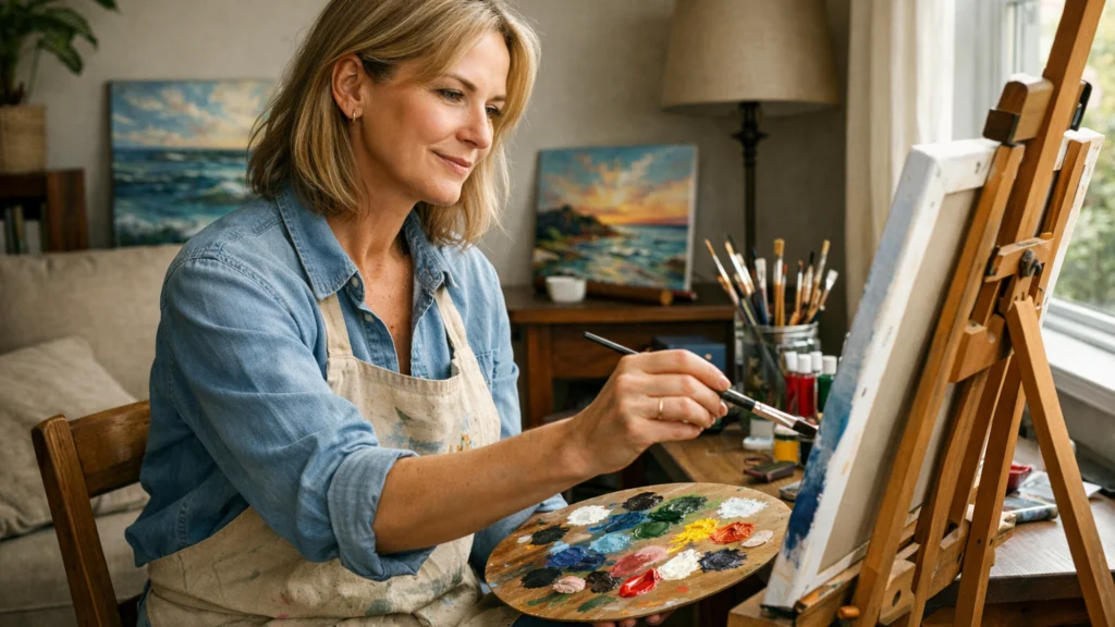 Žena u zrelim godinama slika akrilnim bojama kod kuće