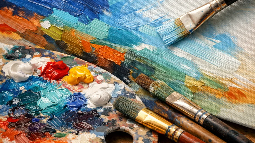 Slojevi akrilne boje i kistovi tijekom slikanja