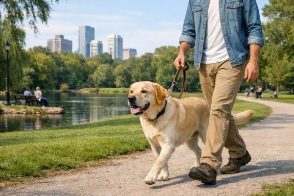 Smiren pas u šetnji s vlasnikom u parku kao simbol prevencije agresije kod pasa