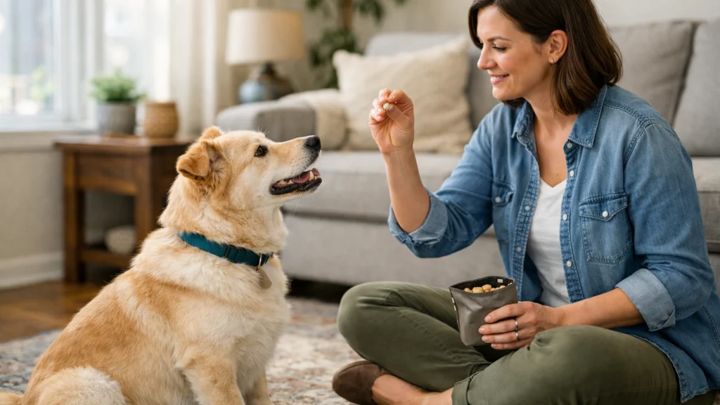 Vlasnik psa koristi pozitivno treniranje za smanjenje lajanja