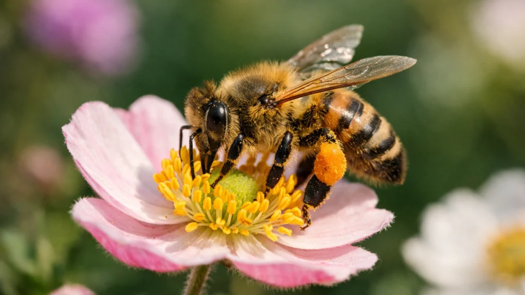 Pčela skuplja nektar s cvijeta u prirodnom vrtu
