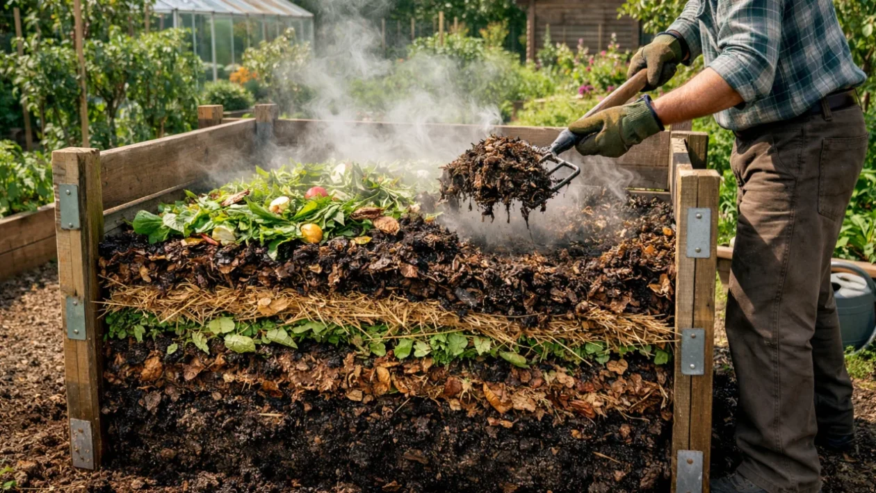 Zreli kompost u vrtu s vidljivim slojevima organskog materijala i vrtlarom koji ga okreće